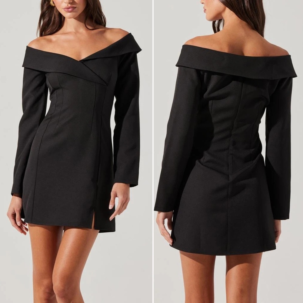 NEW | Astr | Black Off-The-Shoulder Tuxedo Collar Long Sleeve Dress | Sz S